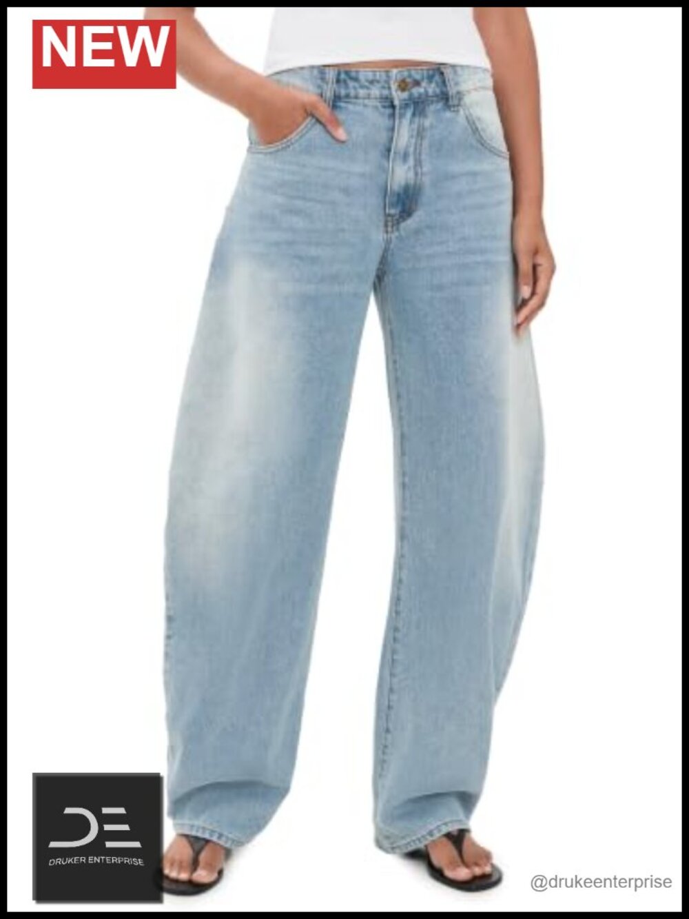 High Rise Loose Fit 100% Cotton Non-Stretch Denim Jeans 5-Pocket Button Zip